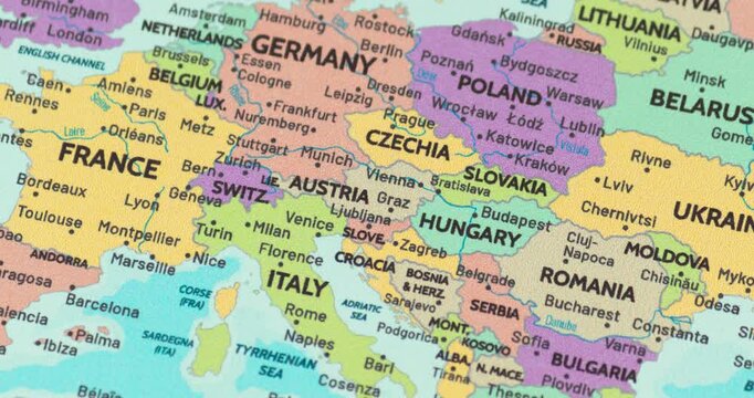 Zoom out view of austria on a modern political world map