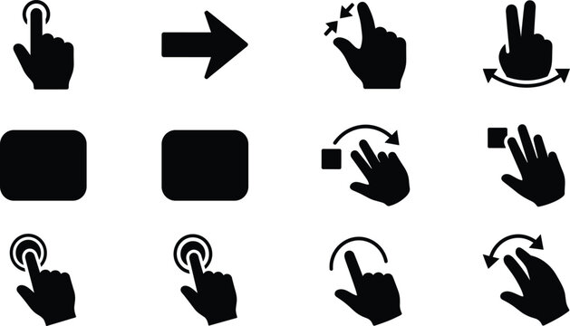 Touchscreen Hand Gesture Icon Set Featuring Tap, Pinch, Zoom, Drag, and Swipe Actions