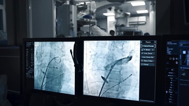 Digital angiogram with a catheter displayed on medical workstation screens.