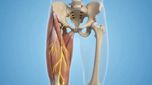 3D medical animation showing the path of a nerve signal through the pelvis and thigh muscles of the human skeletal system