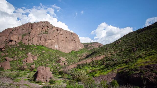 Timelapse of scenic mountain valley with cacti and red rocks, Las Chilcas, Chile