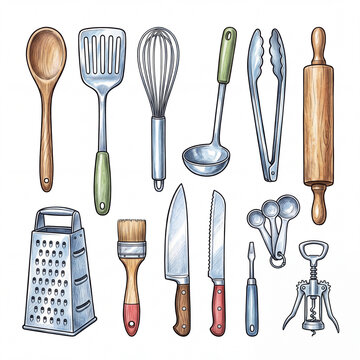 Set of kitchen utensils and cooking tools on white background