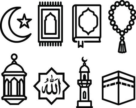 Islamic symbols and religious elements including the kaaba and crescent moon