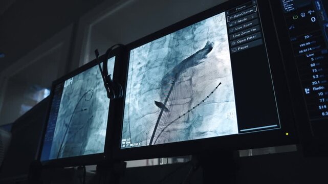Medical specialist analyzing a digital angiogram while pointing at vascular imaging on a screen.