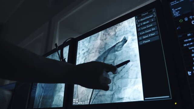 Doctor pointing at an angiographic image of a catheter inside a blood vessel on a medical screen.