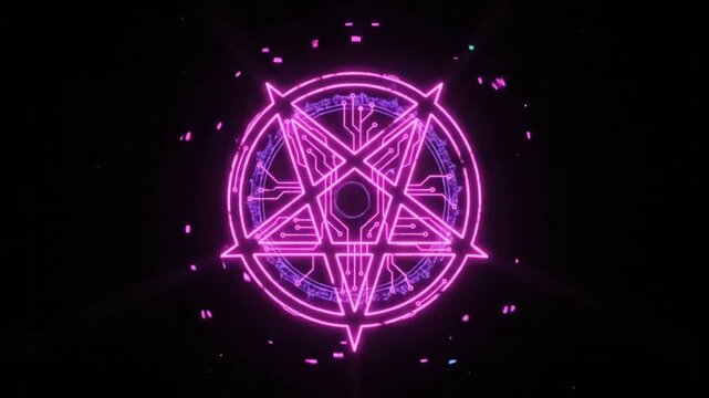 Neon cyberpunk pentagram magic circle digital animation 