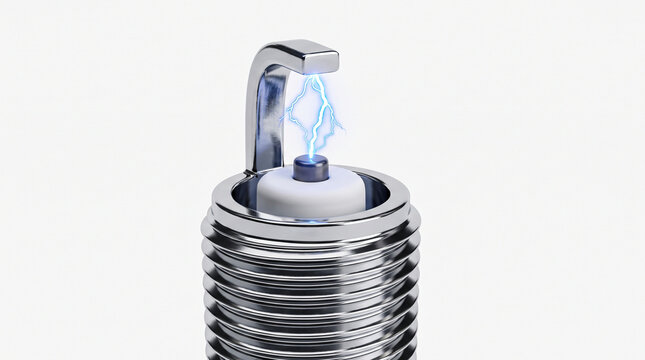 Automotive Spark Plug Emitting High Voltage Blue Electric Arc Isolated on White