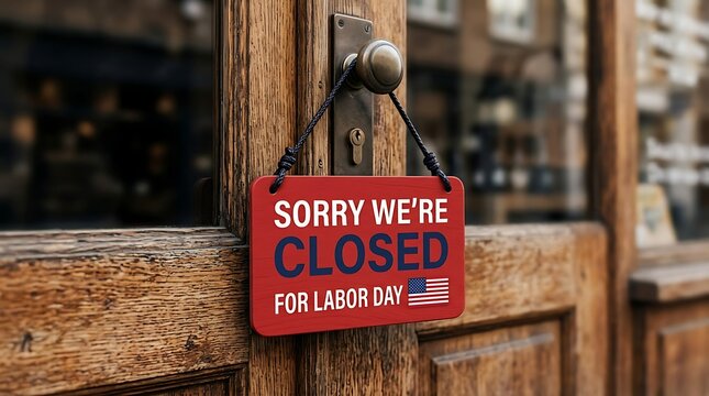 Sorry we're closed Labor Day sign with American flag hanging on wooden door handle, holiday closure notice for business