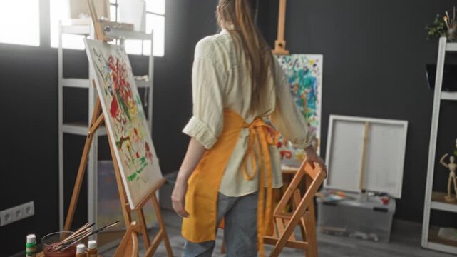 Woman painter in orange apron sits on wooden chair with hand resting on knee beside a painted canvas on an easel in studio; creative focus.