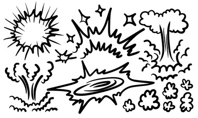 Fototapeta premium Comic boom cartoon effect line element set. Boom, explosive splash smoke. Hand drawn sketch doodle explosive element. Vector illustration.