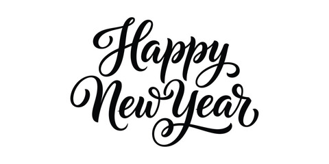 Stylish black cursive Happy New Year text for festive greetings and holiday designs, minimalist and elegant. © Sujanchandra
