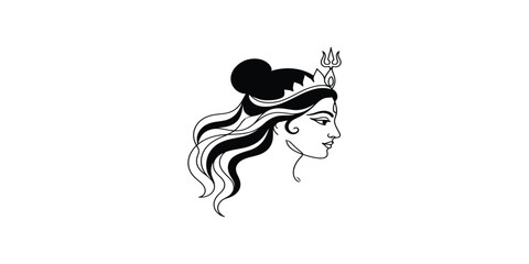 Fototapeta premium Elegant black and white vector illustration of a goddess profile adorned with a trident crown, flowing hair, and serene expression.
