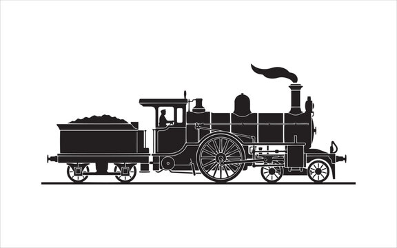Black silhouette of a vintage steam locomotive train engine isolated on a white background