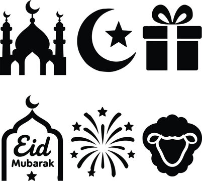 Black silhouette icons representing islamic holidays gifts and celebratory elements