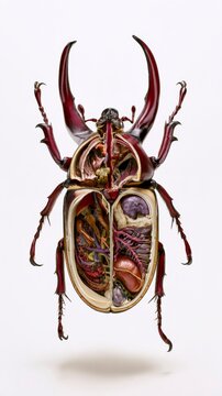 Detailed anatomical cross-section of a rhinoceros beetle showcasing internal organs and structure