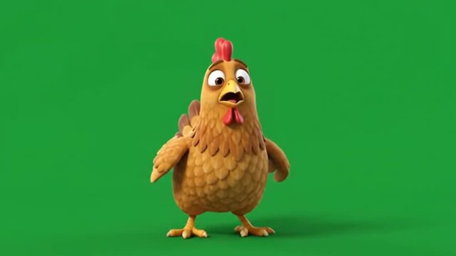 3D Rendered Animated Brown Hen Character Standing Centered on a Solid Green Background for Professional Video Production and Motion Design Projects