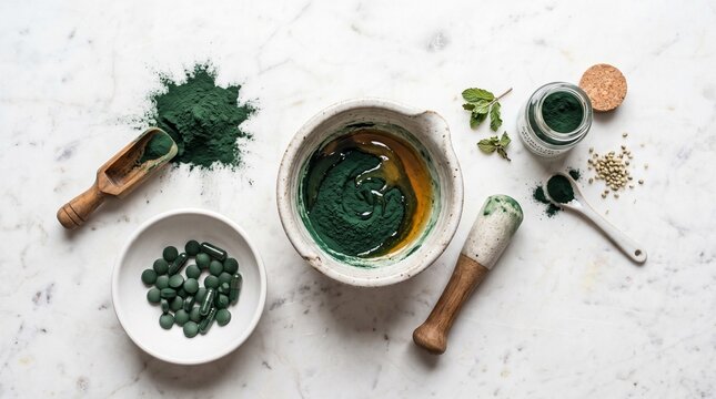 Spirulina powder and green supplements in a mortar on a white marble
