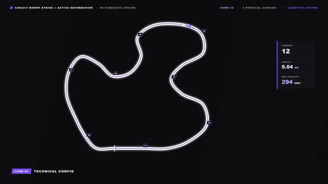 Minimalist digital racing circuit map with glowing white neon lines and UI overlays for high speed sports technology data visualizations