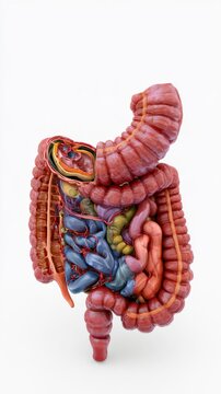 Detailed anatomical model of the human digestive system with intestines and blood vessels