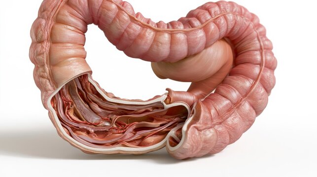 Detailed 3D rendering of the human large intestine with internal cross-section view