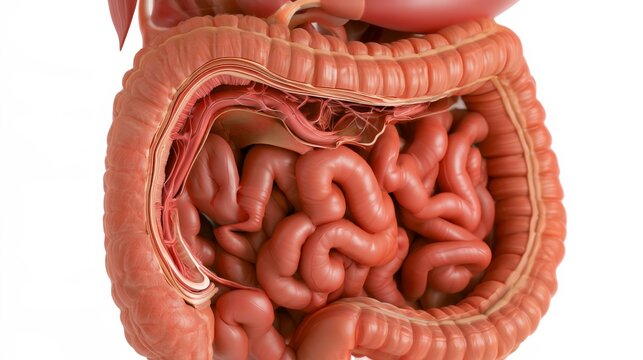 Detailed 3D rendering of the human digestive system's intestines and colon