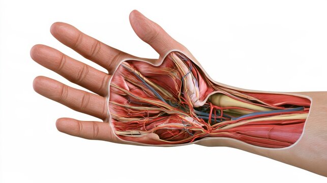 Detailed anatomical illustration of the human hand and forearm's internal structures
