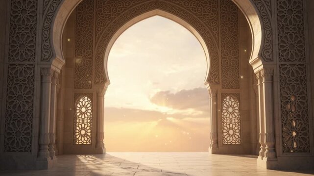 Majestic Islamic Mosque Archway with Intricate Carvings Looking Out to Golden Sunrise   