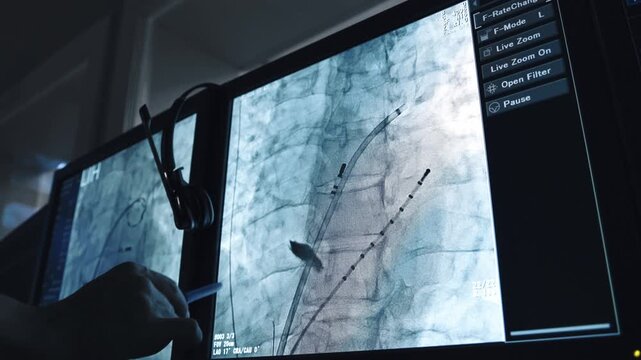 Doctor's hand pointing at an angiographic image of vessels and catheter during medical image analysis.