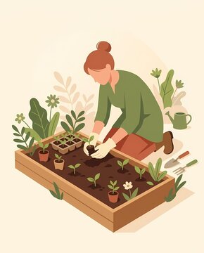 woman planting seedlings in a raised bed garden illustration - ai generated