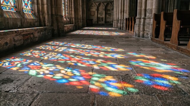 Colorful stained glass windows casting vibrant light patterns on stone church floor, spiritual atmosphere, gothic architecture, religious heritage, historic interior design.