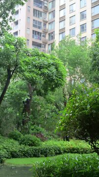 Heavy rainfall drenches green plants in residential courtyard with tall apartment buildings video with sound
