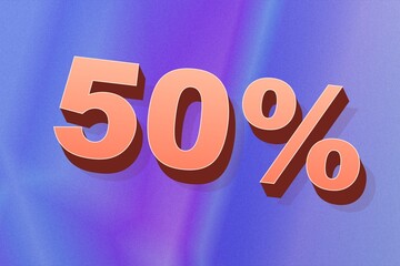 The image shows striking 50% numerals in peach and white with deep shadows over a blue-purple haze, ideal for energetic sale promotions. © Galina