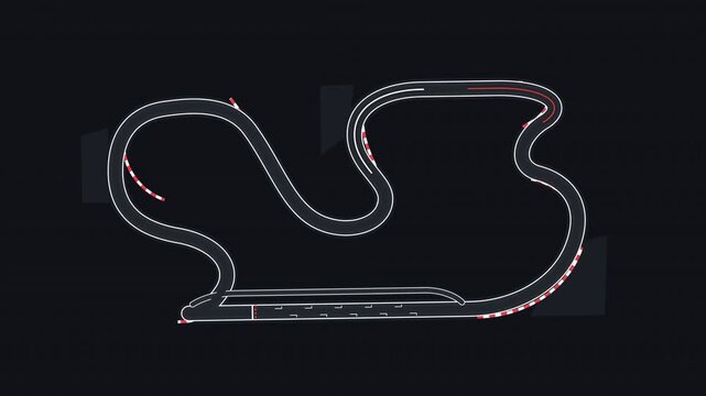Minimalist digital top down view of a race circuit track outline featuring sharp white lines and red rumble strip markings