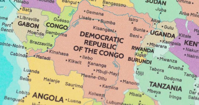Zoom out view of democratic republic of the congo on a modern political world map