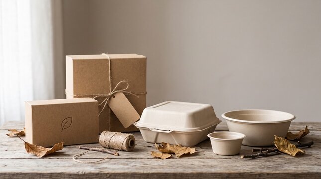 Biodegradable and compostable eco-friendly packaging with kraft paper gift boxes, twine, bagasse food containers and dry autumn leaves on rustic wooden table