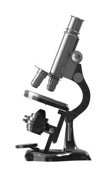 A detailed 3d render of a monocular compound microscope isolated on a clean white background