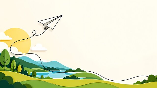 Paper Airplane Flying Over Scenic Green Landscape Illustration