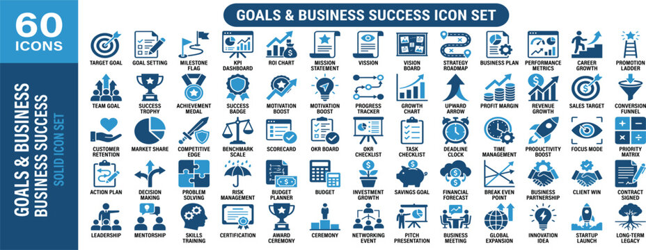 Goals and Business Success solid icon set. Includes symbols for Target Goal, Milestone, KPI Dashboard, and ROI. Solid vector icons for mission statement, performance metrics, and career growth.