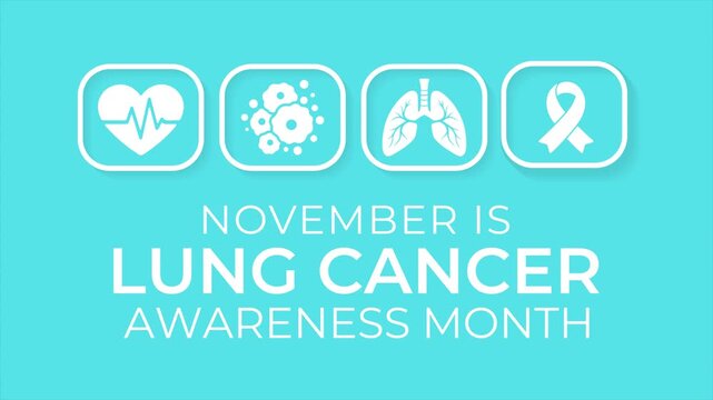 Animated lung cancer awareness design featuring medical icons, teal awareness ribbon, lungs and healthcare symbols for November awareness campaigns.