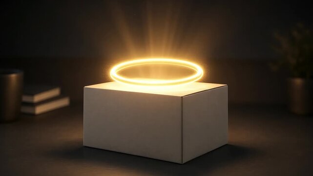 Glowing Golden Halo Hovering Over a Plain Cardboard Box, The Halo Effect and Brand Bias Concept