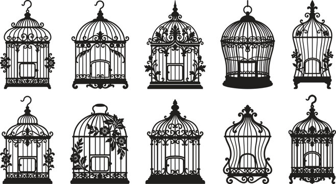 Vintage decorative birdcages black silhouettes set with ornate gothic lace details and hanging garden floral elements