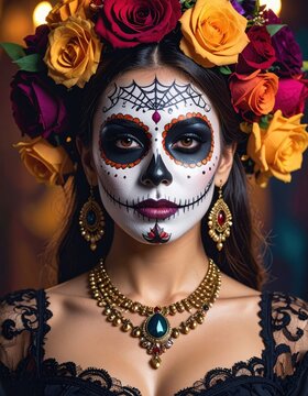 Woman with intricate Day of the Dead face paint, adorned with vibrant roses and ornate jewelry, embodying Mexican cultural tradition.