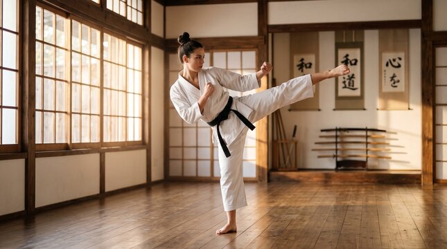 Woman practicing martial arts in a traditional dojo with a high kick