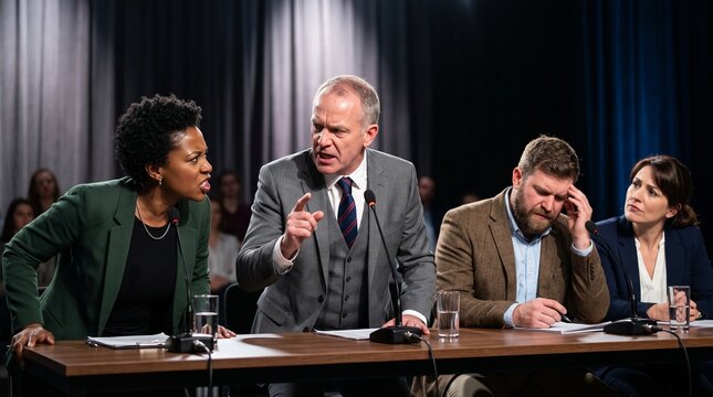 Diverse group of people in a heated debate at a formal hearing or meeting