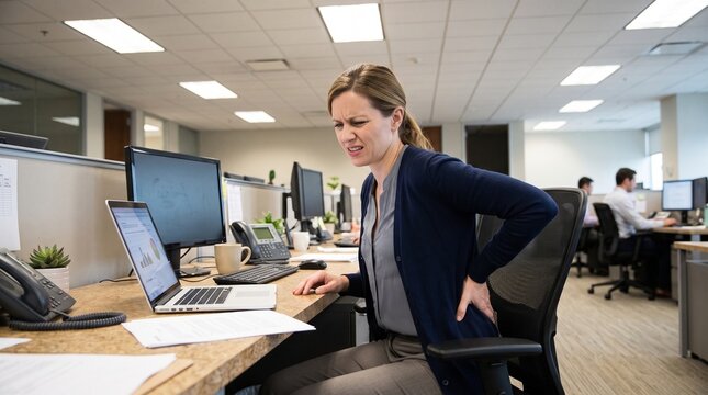 Office worker experiencing back pain while sitting at desk