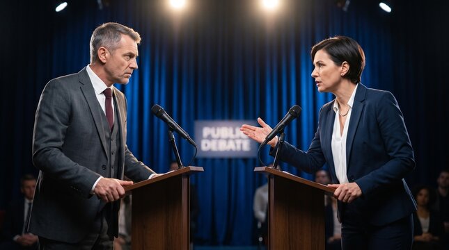 Politicians debating on stage during a public debate event