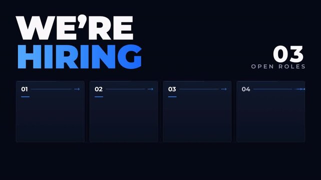 Modern recruitment dashboard with four panel grid, blue accents and subtle glow effects for hiring and career content. Job vacancy grid with glowing blue accents for hiring presentation