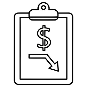 Dollar sign and down arrow on clipboard icon