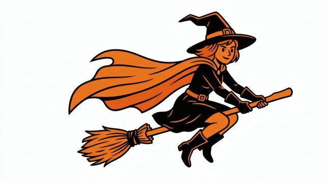 Flat Vector Witch Character Flying Broomstick Two Tone Black Orange Illustration


