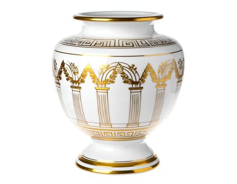 White Ceramic Urn with Ancient Roman and Futuristic Gold Line Ornament
